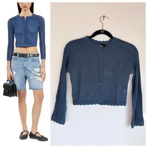 NEW The Kooples Romantic Mixed Knit Mesh Cropped Cardigan in Blue Size Small